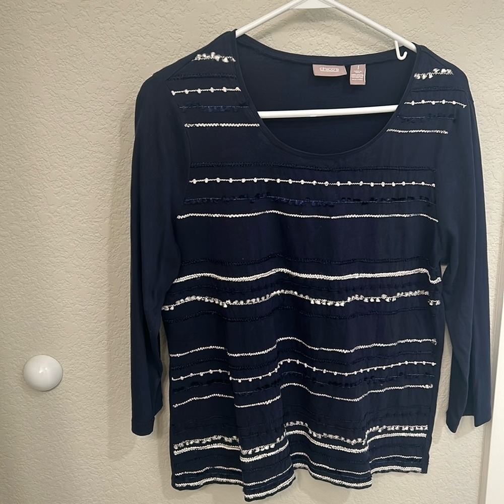 Chico’s navy and white lightweight top, size 1